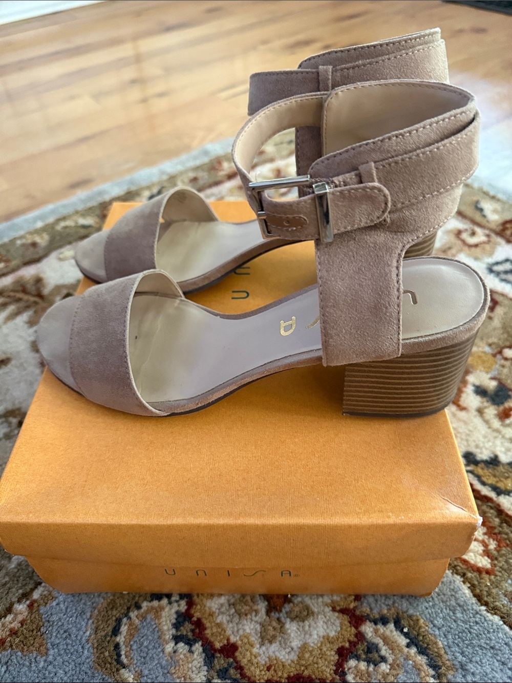 Unisa Taupe Suede Ankle Strap Block Heels - Picture 2 of 3